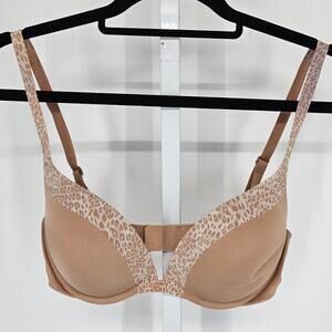 Victorias Secret Womens Sz 34D Classic Padded Push Up Bra Beige Leopard Trim